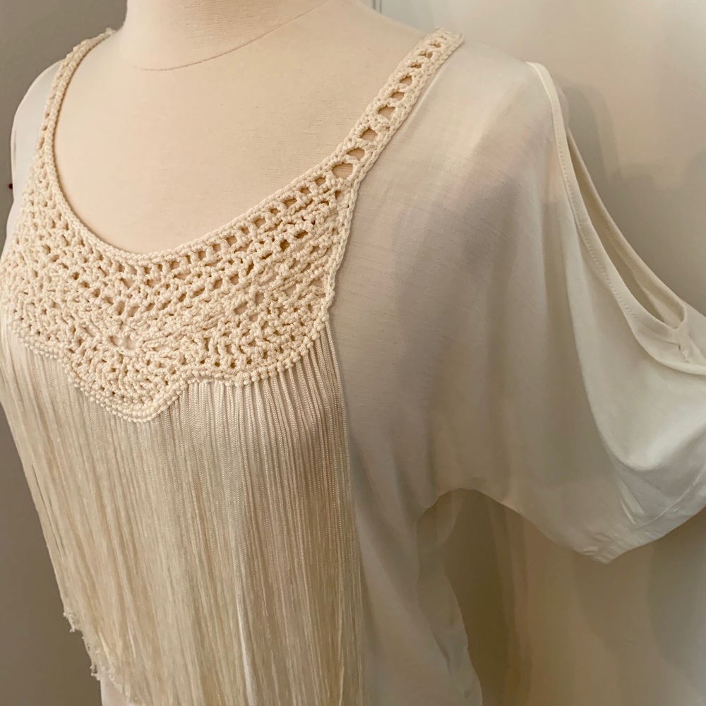 Women’s Small Fringe Blouse Cream Cowgirl Western Chic Festival tassels top - Picture 5 of 11